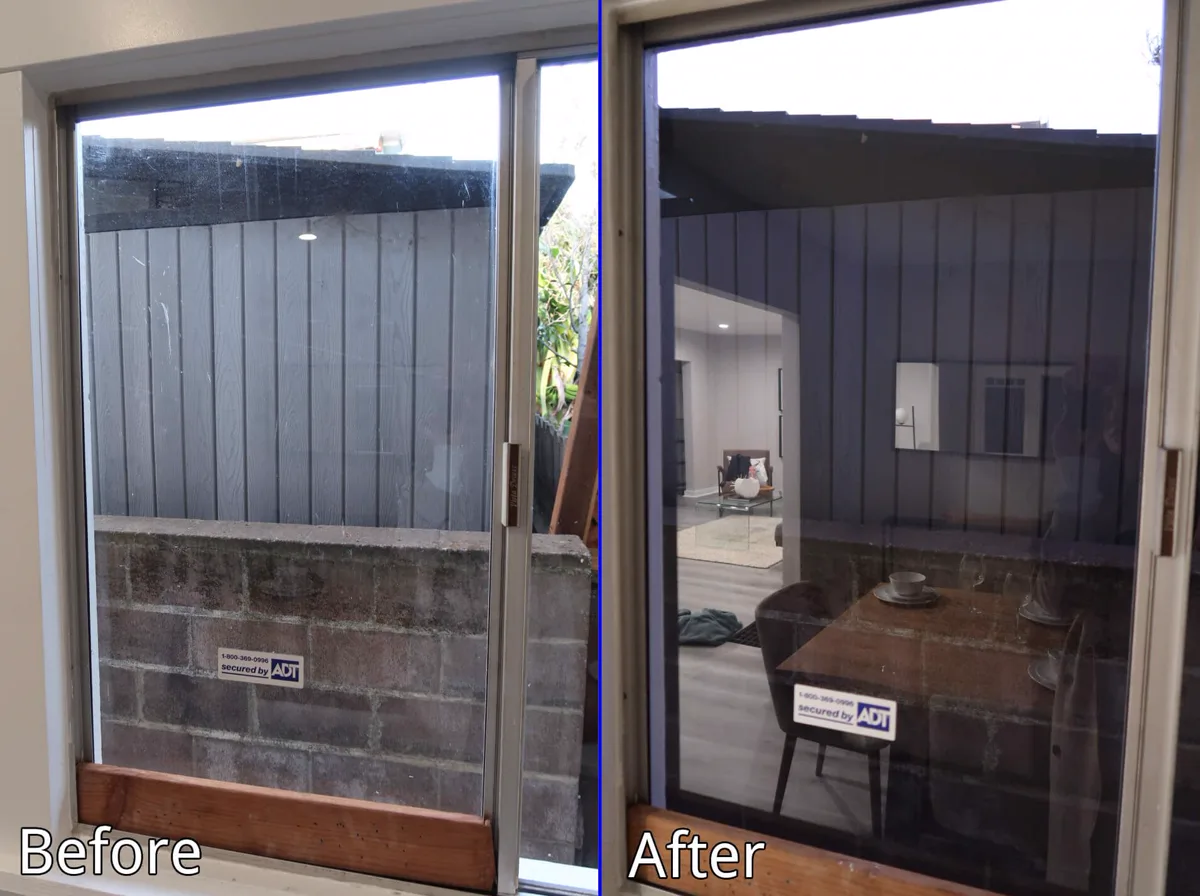Before and after view through a professionally cleaned sliding glass door