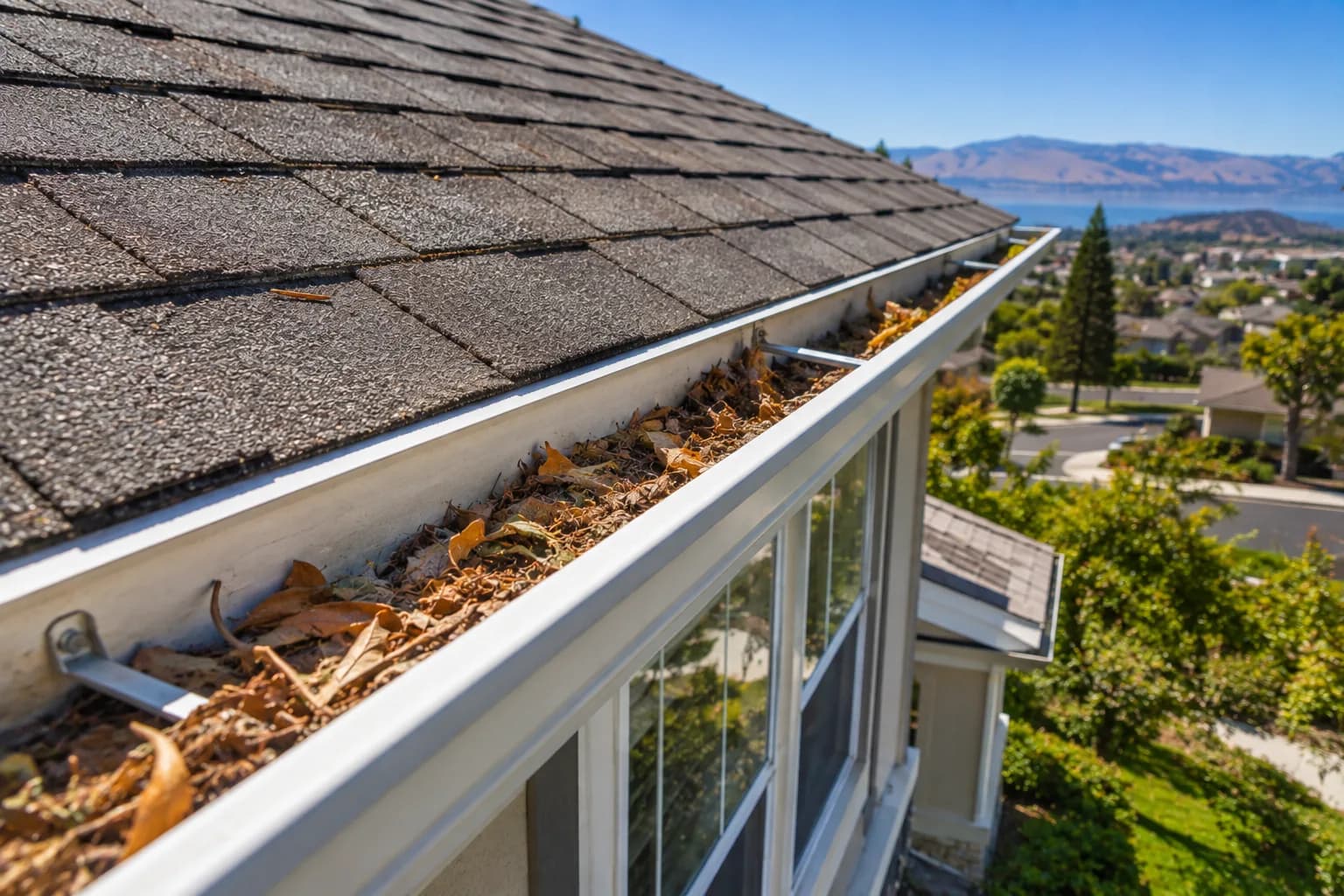 Leaf debris packed into a roof gutter above a hillside neighborhood