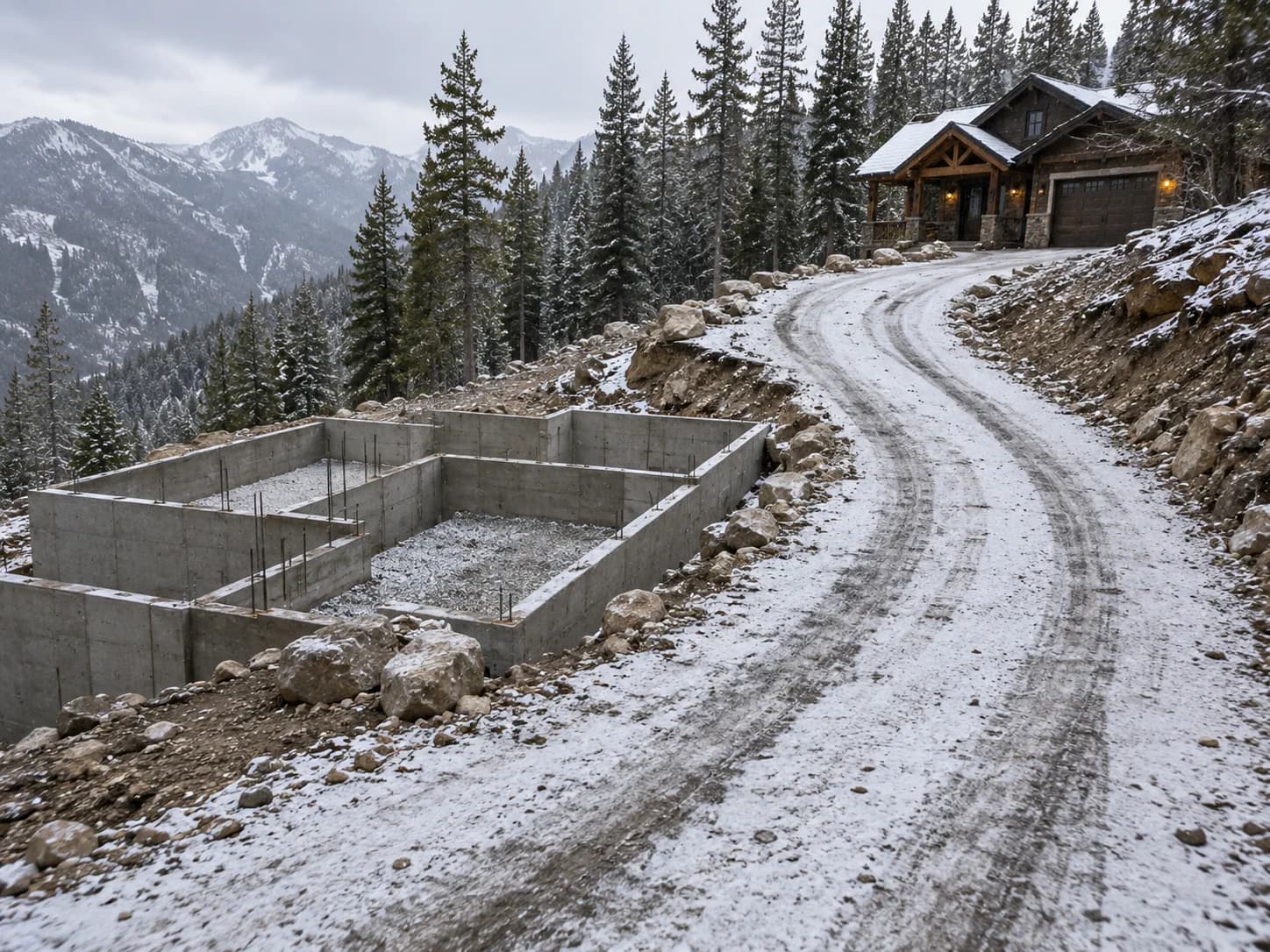 Driveway and foundation work at a mountain home