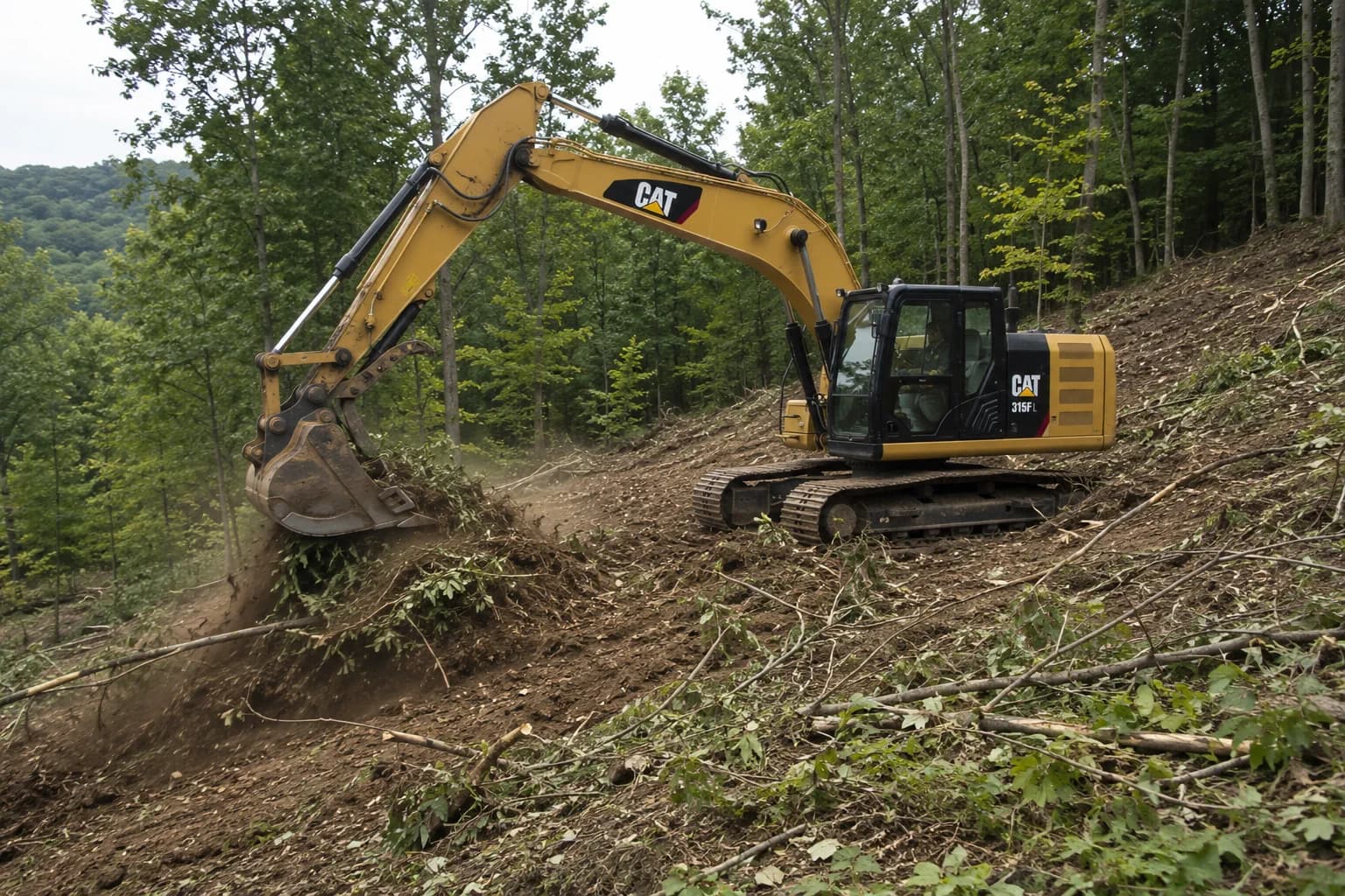 Excavation on a wooded, sloped Pocono building site