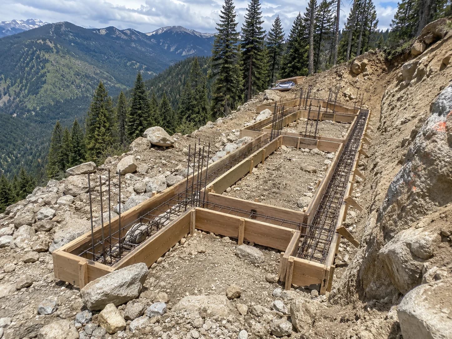 Concrete footing formed on a sloped mountain lot