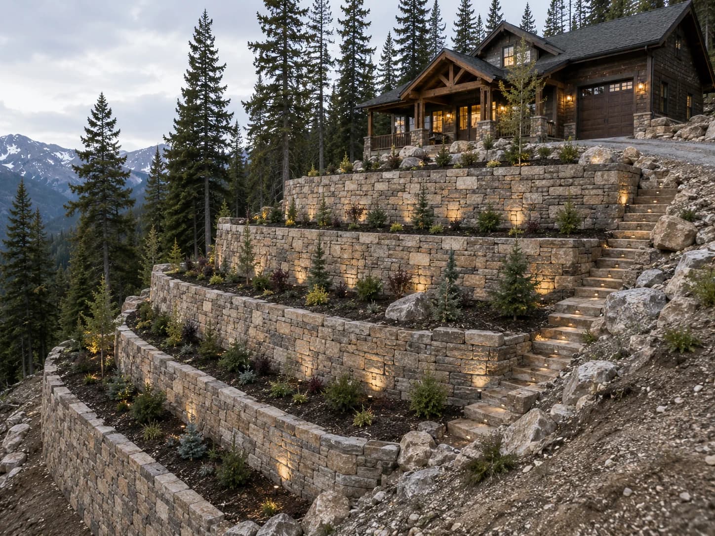 Terraced hillside retaining wall system