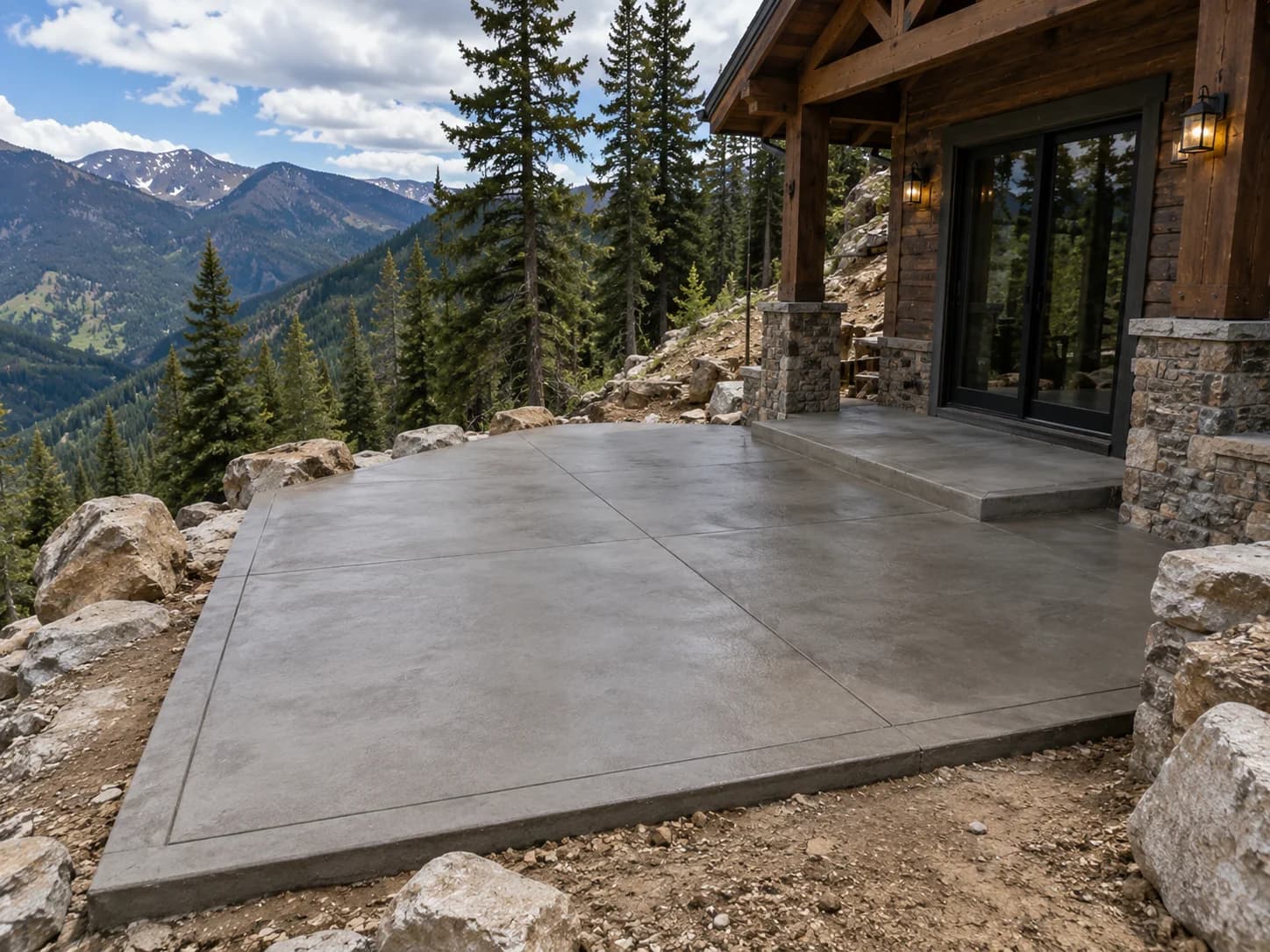 Concrete patio behind a mountain cabin