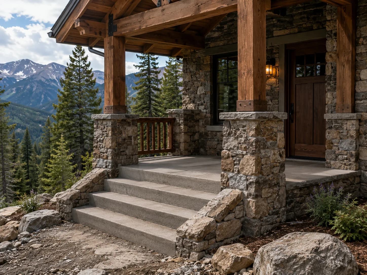 Stone and timber porch with concrete steps