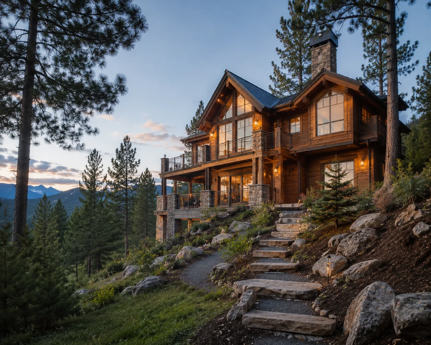Wooden home nestled in the mountains