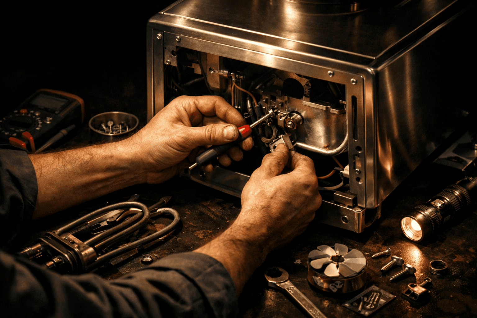 Appliance repair technician at work